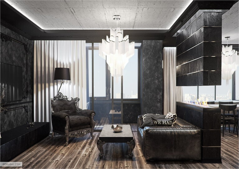 Дизайн интерьера черной гостиной