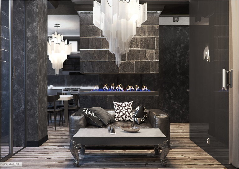 Дизайн проект черной однокомнатной квартиры с камином