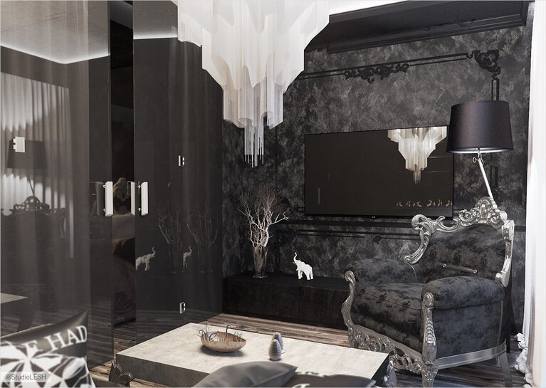 Дизайн интерьера гостиной комнаты в черных тоннах 