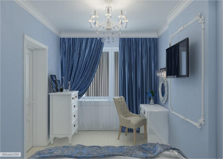 Дизайн интерьера спальной в голубом цвете 
