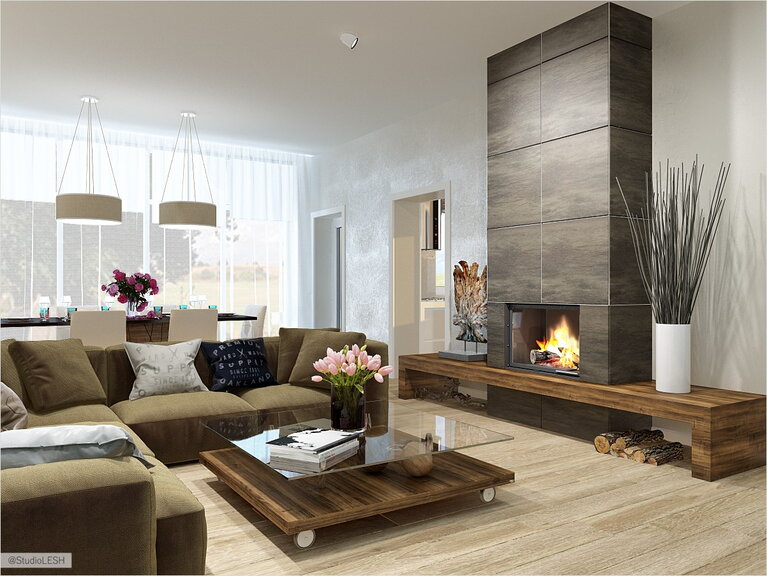Дизайн гостиной в доме с камином 