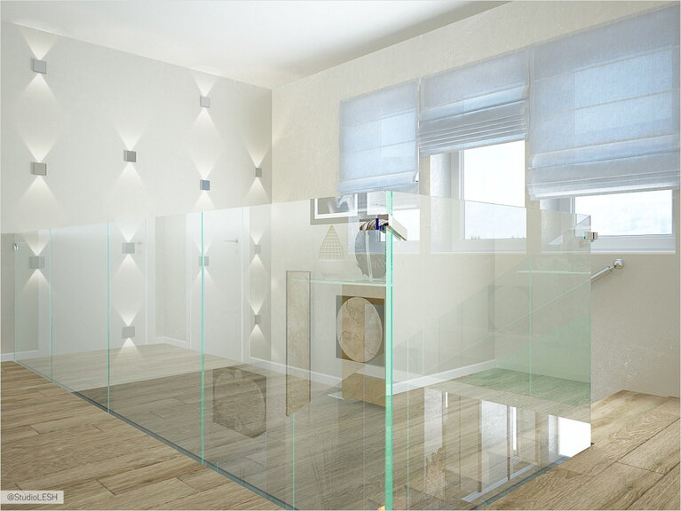 Оформление лестничного пролета, стеклянные перила 