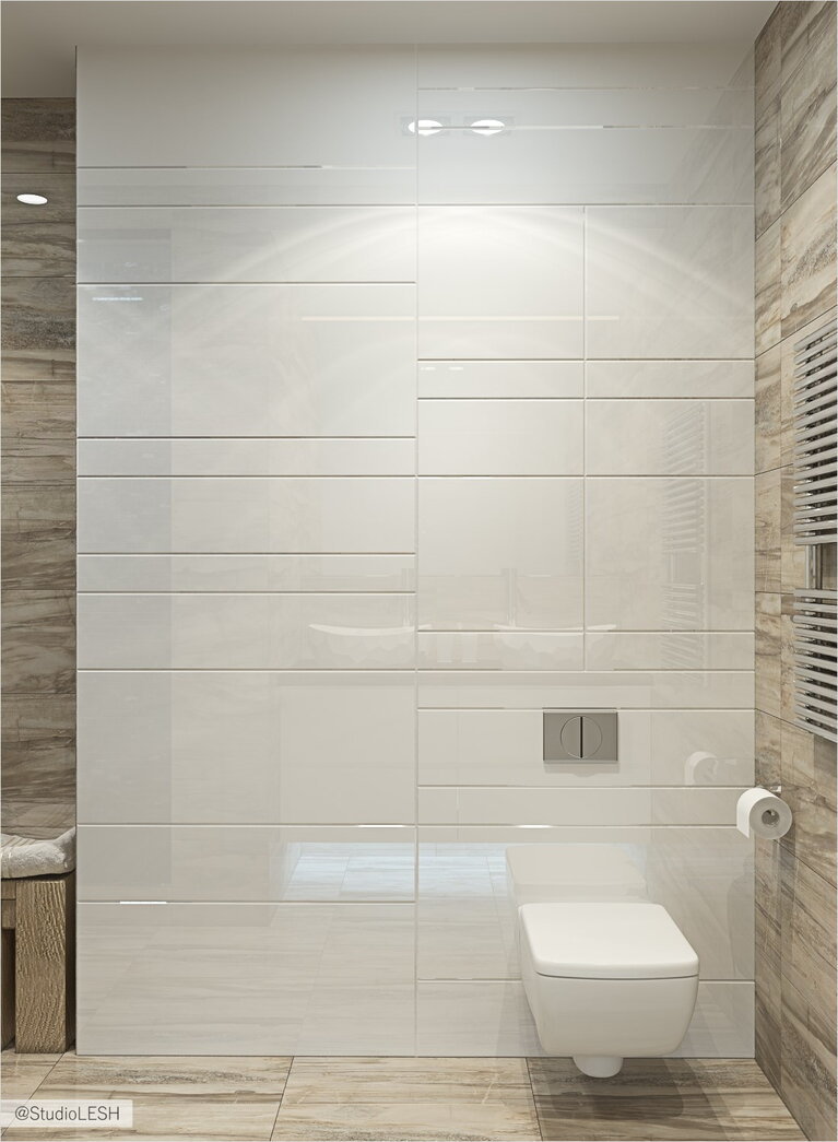 Подвесной унитаз в санузле, белый кафель 