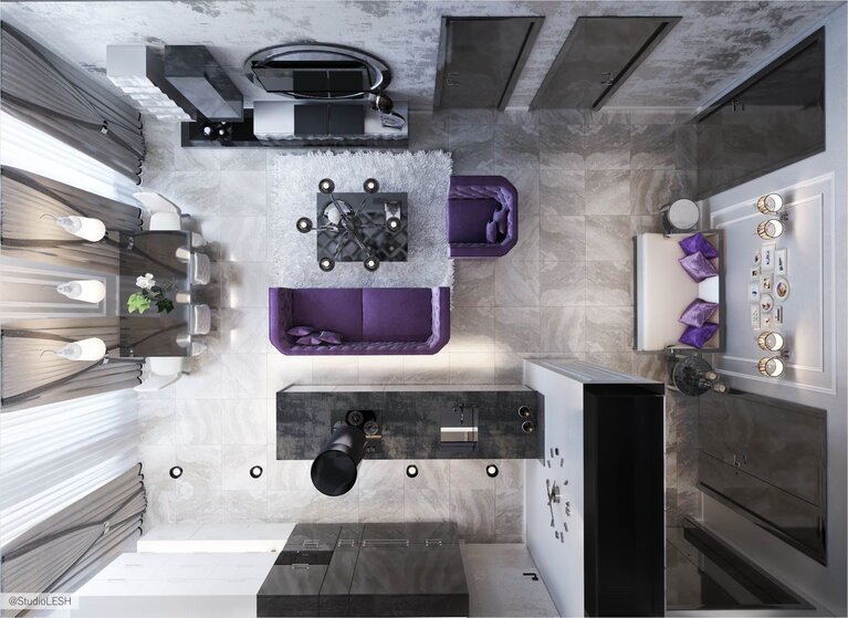 Оформление прихожей, гостиной и кухни вид сверху 