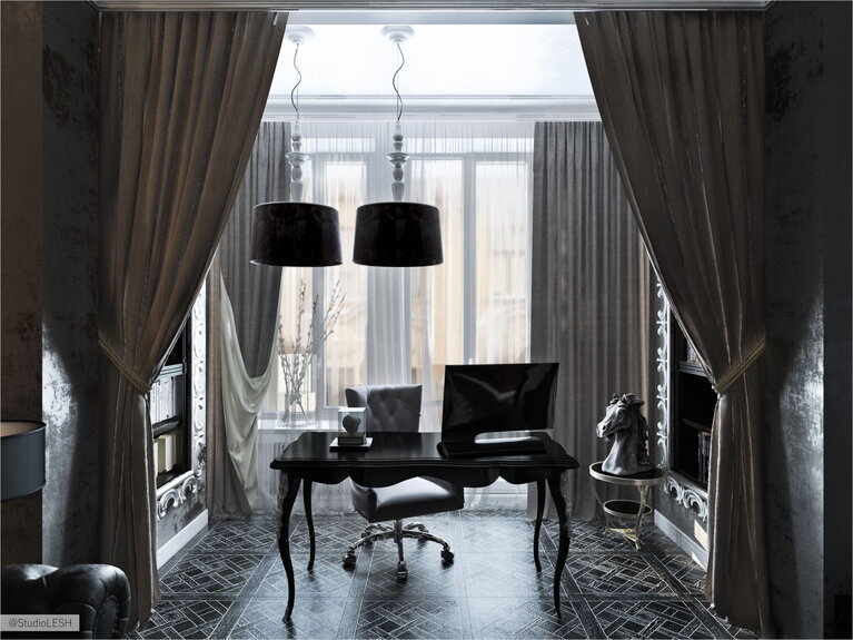 Дизайн интерьера кабинета с двумя люстрами 