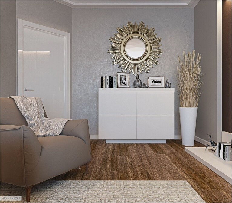 Интерьер гостиной комнаты, круглое зеркало 