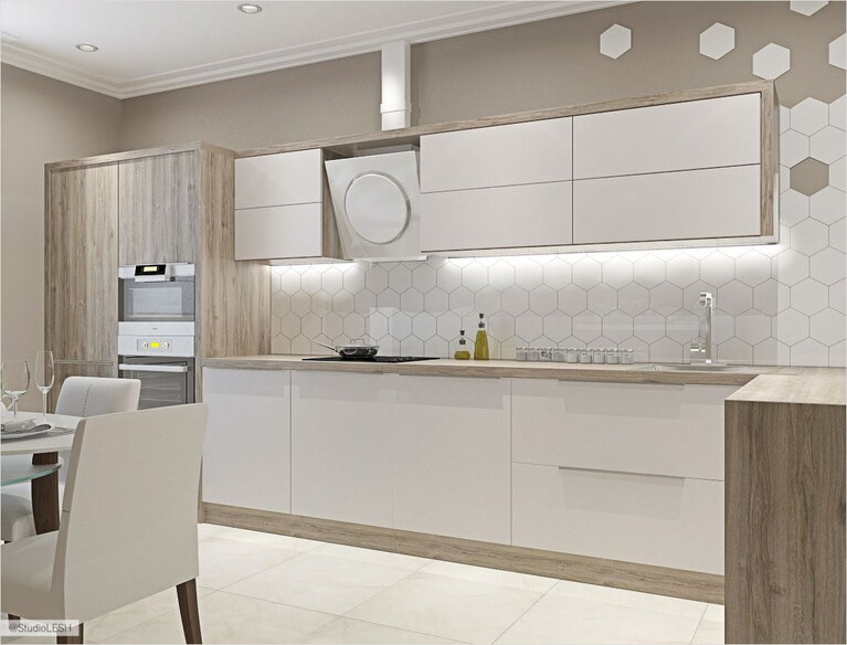 Оформление кухни, белого цвета 