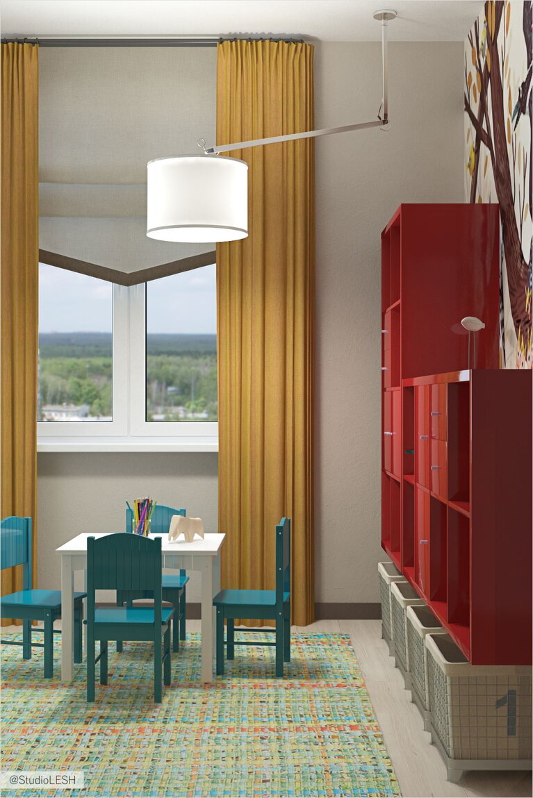 Интерьер детской комнаты, шкафы и столик 