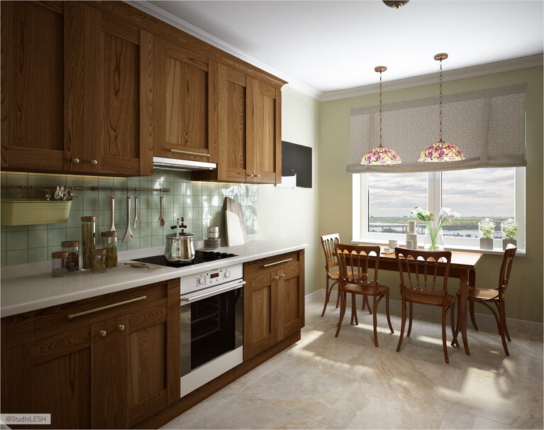 Деревянная зеленая кухня