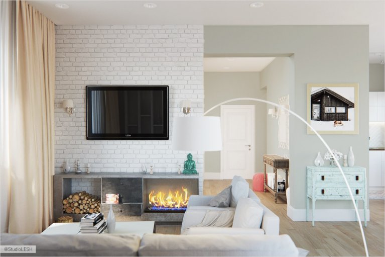 Дизайн дома в современном стиле Гостиная с камином 