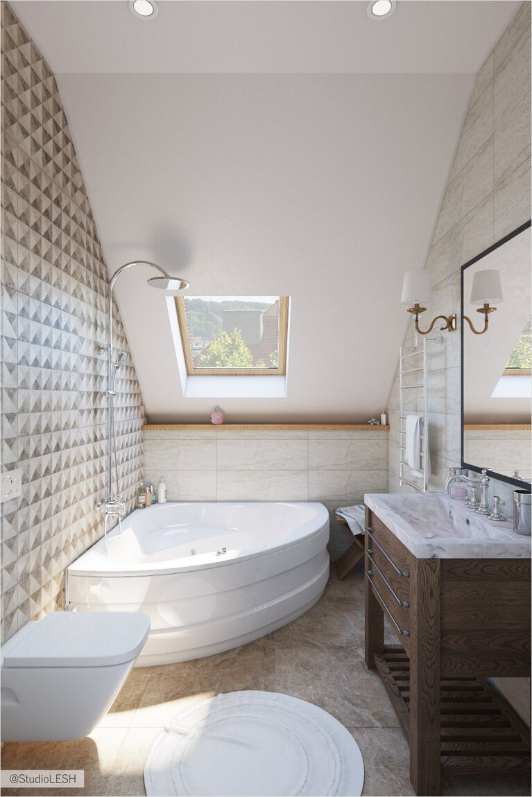 Ванная комната на мансарде загородного дома 