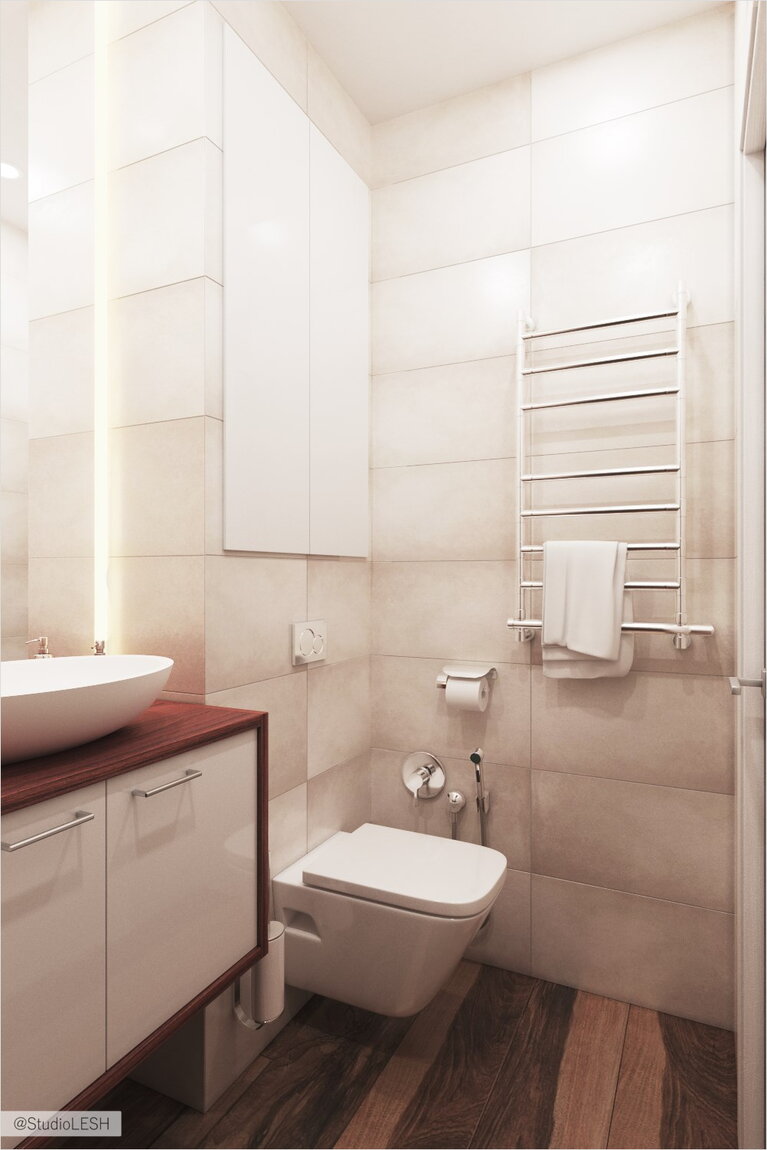 Бежевая ванная подвесной унитаз