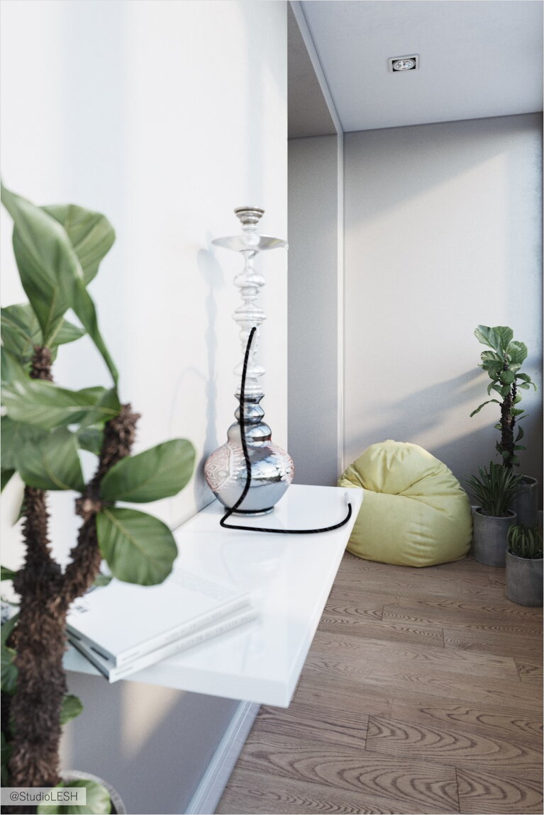 Утепленный балкон желтый пуфик