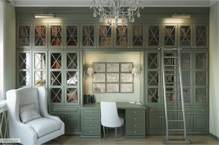 Кабинет зеленый книжны шкаф