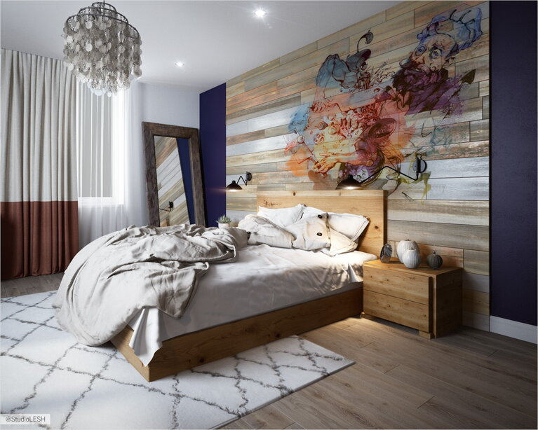 Спальня деревянная стенка с рисунком