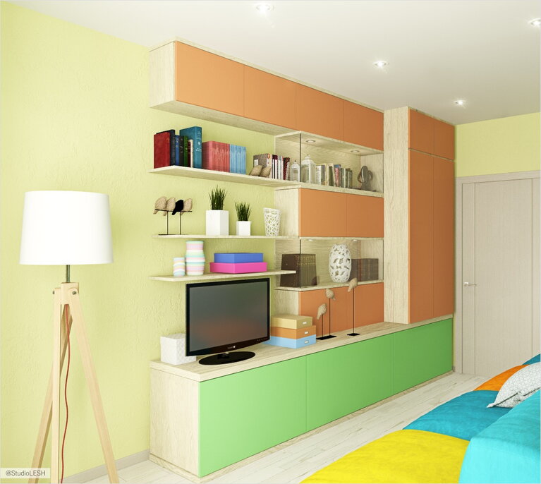 Гостиная оранжевый стеллаж