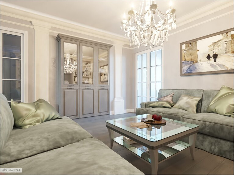 Гостиная с оливковым диваном