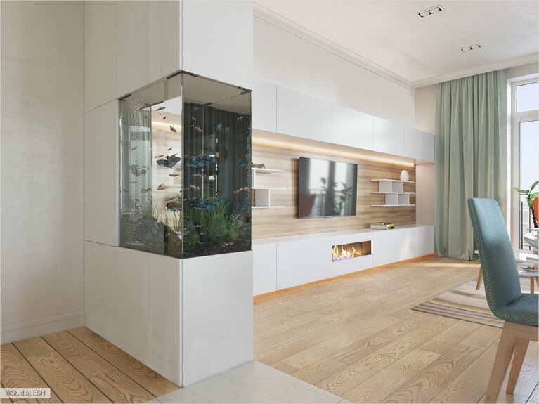 Встроенный аквариум в яркой гостиной