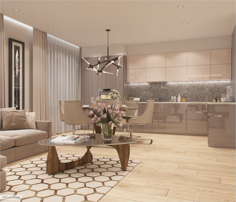 Кухня-гостиная в бежевом цвете