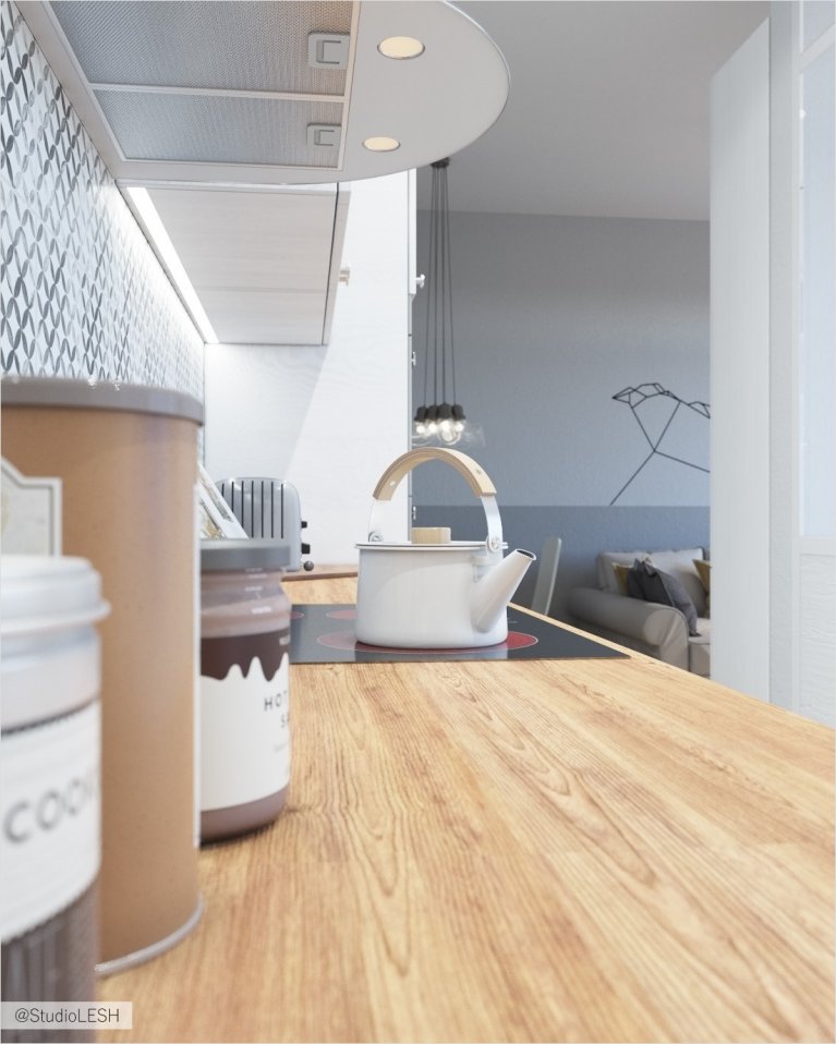 Деревянная столешница белой кухни