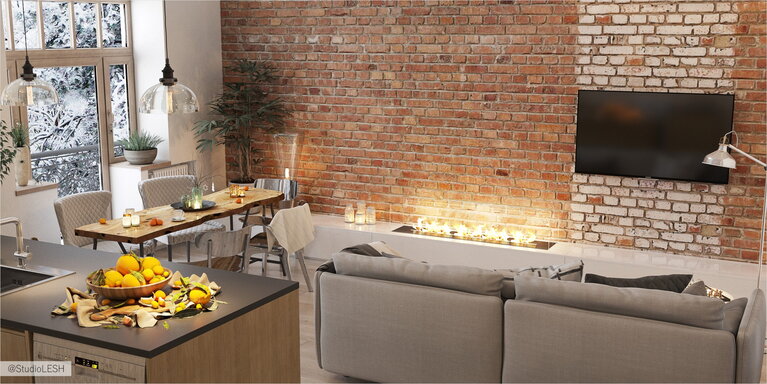 Кирпичная стена в кухне-гостиной