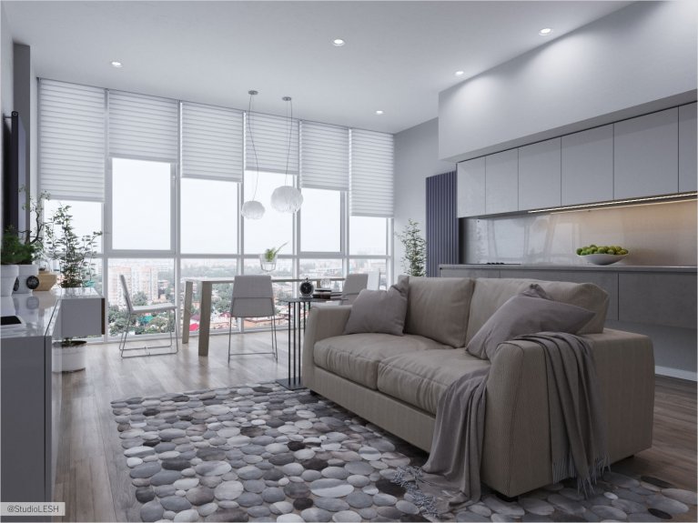 Панорамные окна в кухне-гостиной