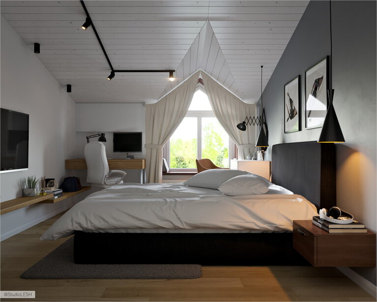 Дизайн интерьера спальной комнаты на чердаке 