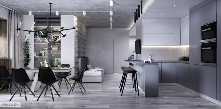 Бетон в кухне-гостиной