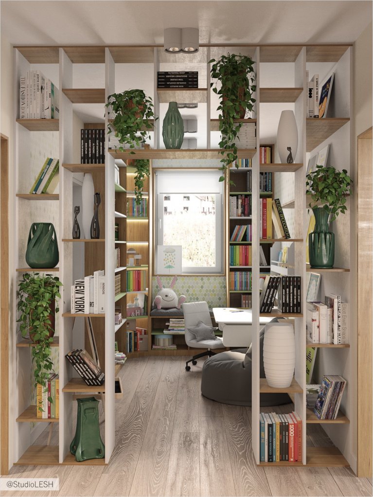 Сквозной стеллаж в интерьере