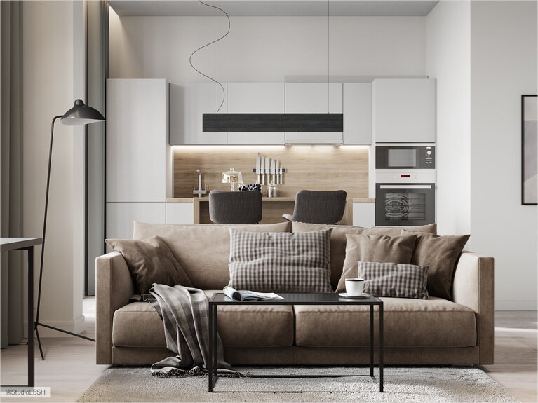 Кухня-гостиная в светлых тонах