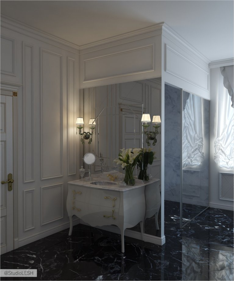 Дизайн ванной комнаты, раковина и душевая кабина