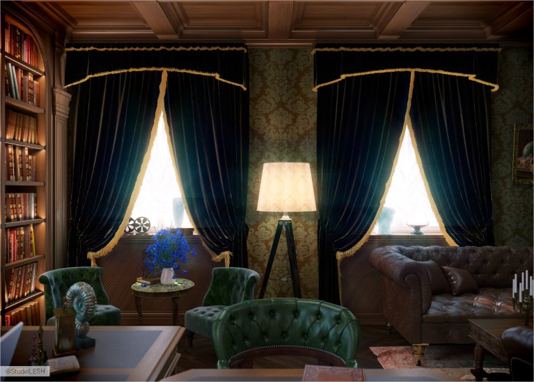 Дизайн окон в кабинете классика