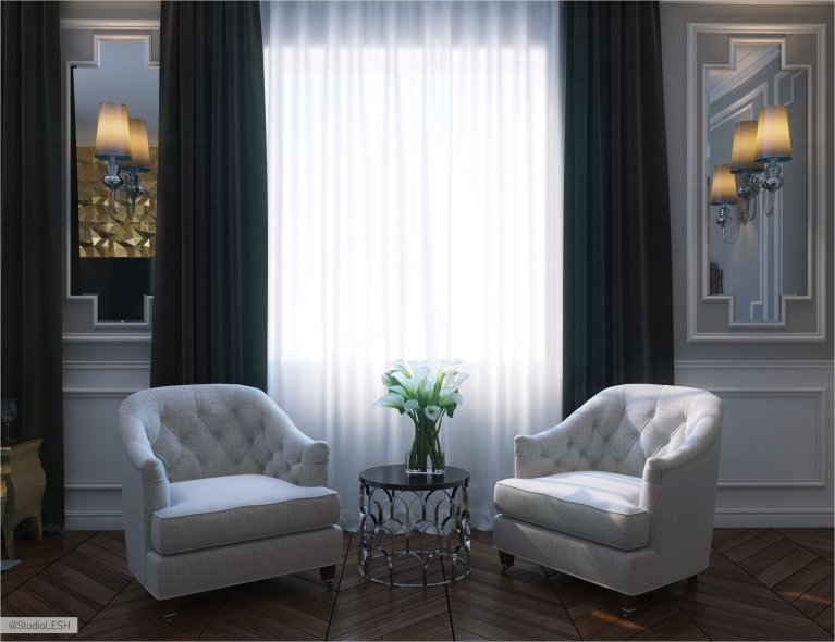 Дизайн интерьера спальни, два кресла и столик