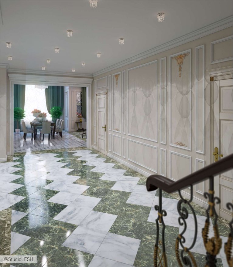 Дизайн интерьера коридора вид от лестницы