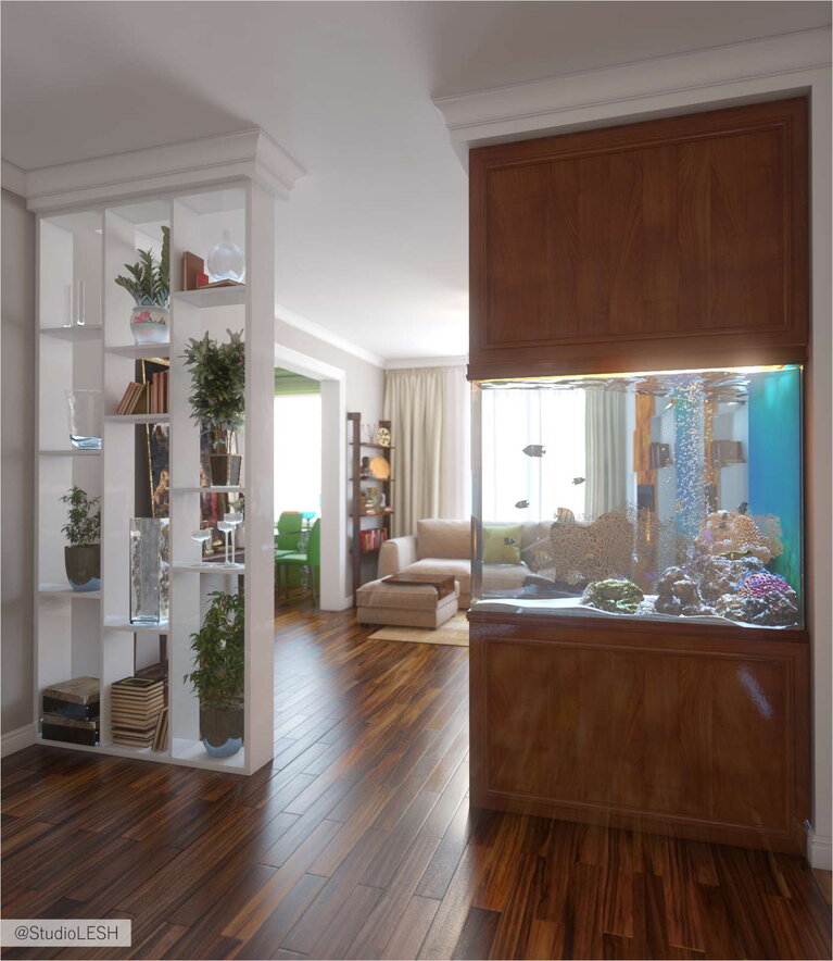 Дизайн интерьера гостиной аквариум