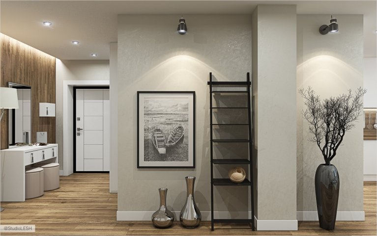 дизайнерская полка в прихожей, современный интерьер 