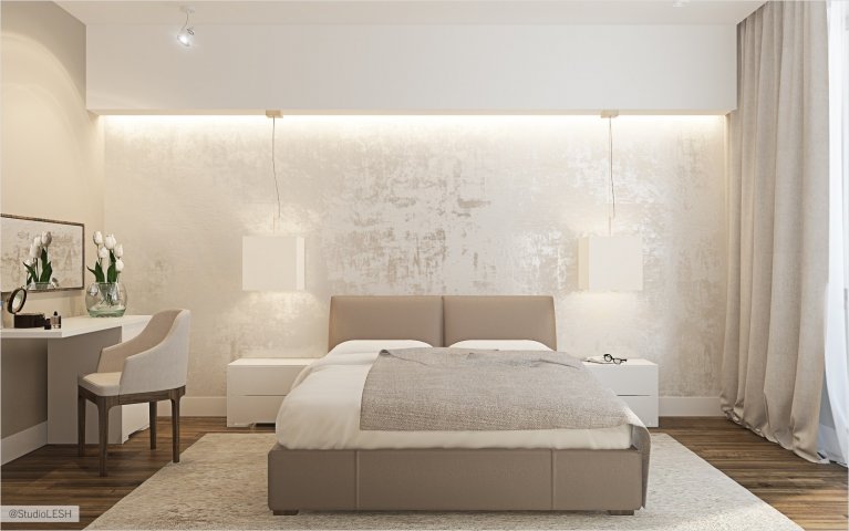 Дизайн интерьера спальной комнаты, кровать, подголовник