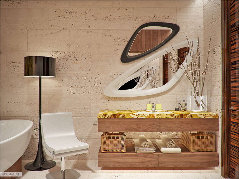 Дизайн интерьера санузла, ванна и раковина 
