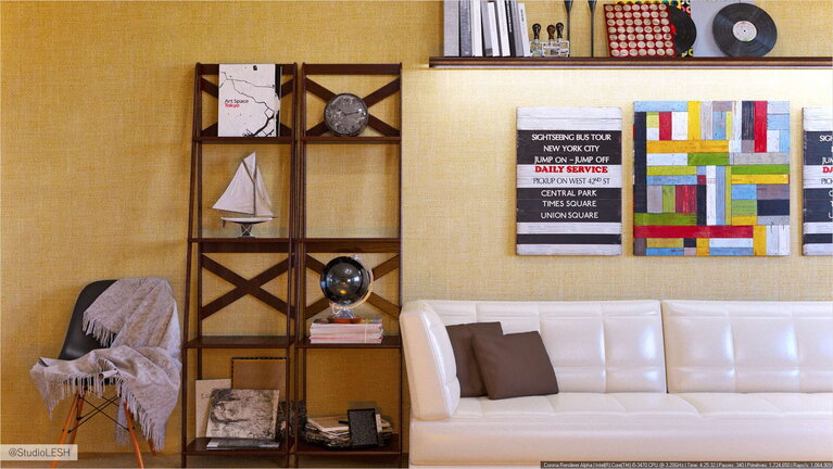 Дизайн интерьера гостиной комнаты, стеллаж, диван