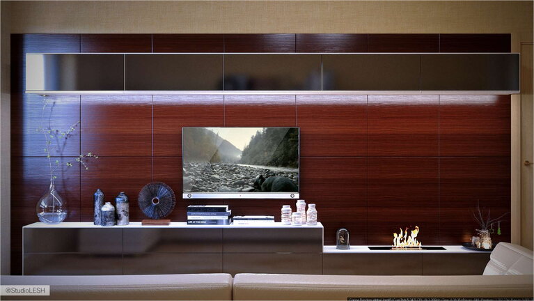 Дизайн проект гостиной комнаты, камин, полка tv