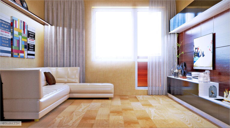 Дизайн интерьера гостиной комнаты, светлый диван