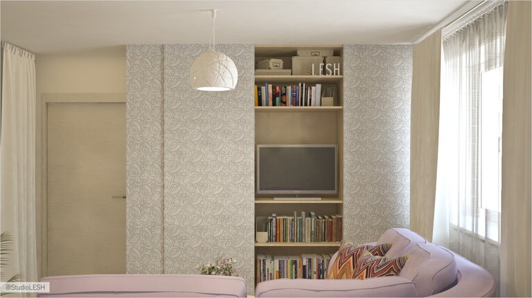 Дизайн проект бежевой гостиной комнаты