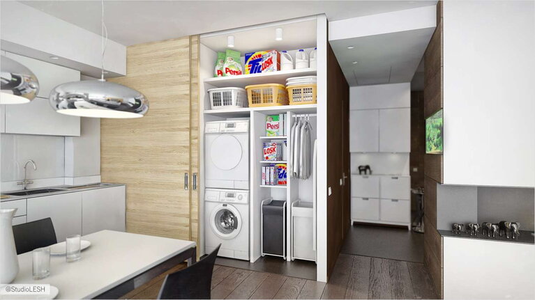 Шкаф на кухне для стиральной машинки