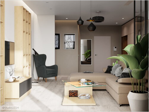 Гостиная, диван, деревянные полки, ТВ - LESH Дизайн интерьеров