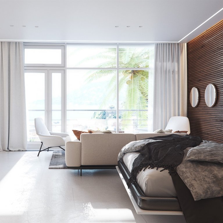 Светлая гостиная в минималистичном стиле с панорамным окном