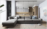 Современный серый диван в гостиной зоне