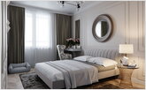 Neoclassical bedroom with round mirror