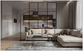 The glass partition in spacious living room
