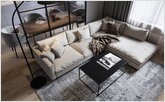 Большой мягкий диван в гостиной с дизайнерским столиком