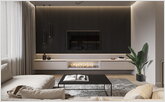Bio-fireplace in hanging shelf and lighting panel behind the TV